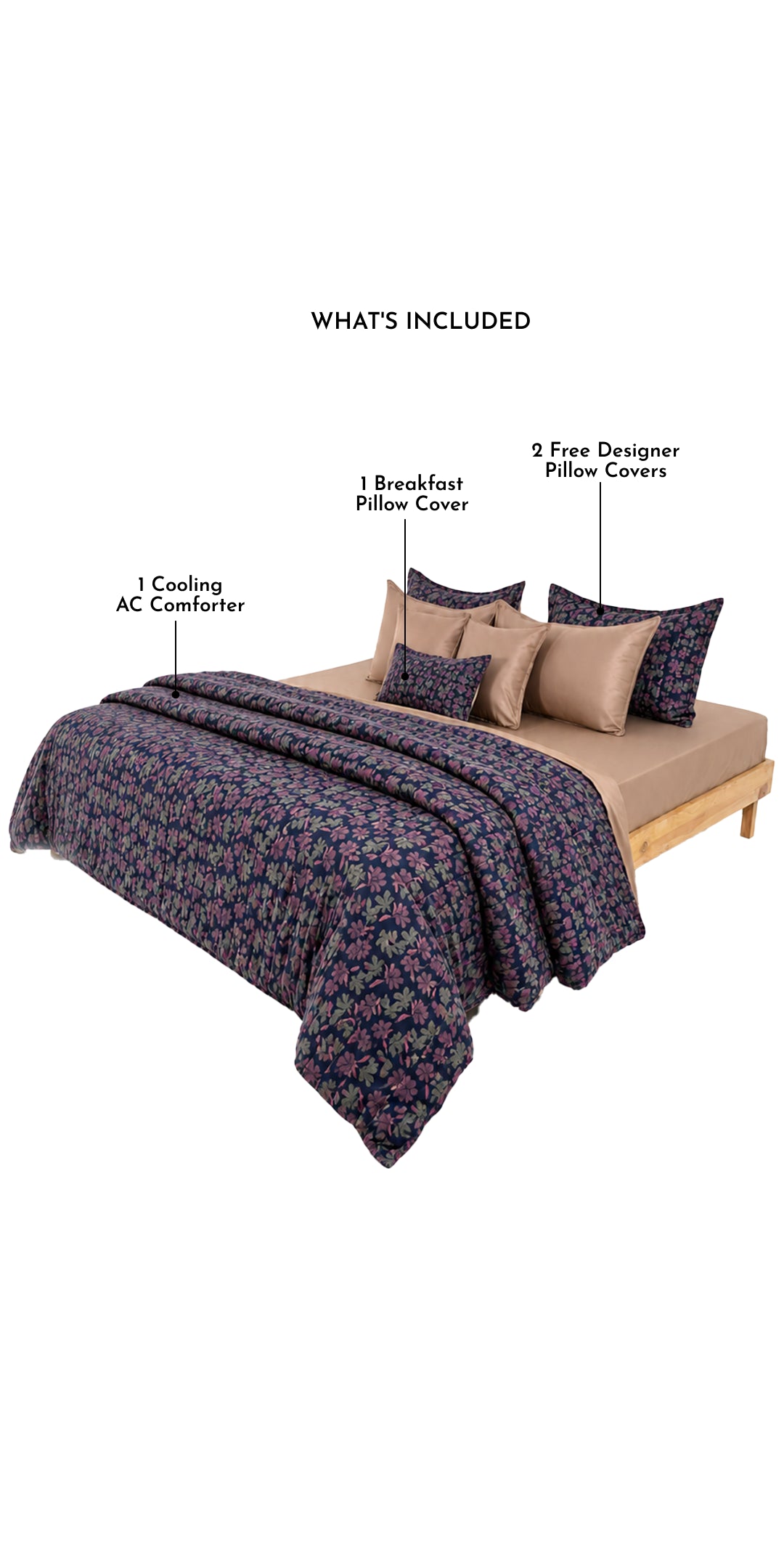 Linen Blend AC Comforter With 2 Pillow Cases and 1 Breakfast Pillow - Camellia