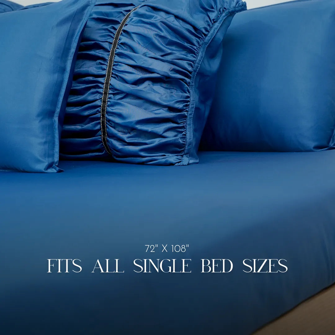 ZARF Italian Staple Weave Bedsheet For Single Size Bed With 2 Designer Pillow Cases, 2 Solid Pillowcases & 2 Cushion Covers - Indigo