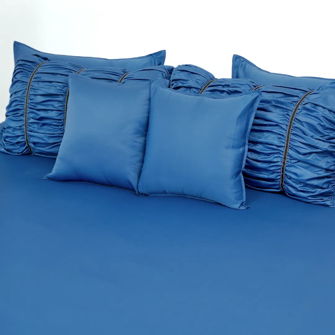 ZARF Italian Staple Weave Bedsheet With 2 Designer Pillow Cases, 2 Solid Pillowcases & 2 Cushion Covers - Indigo