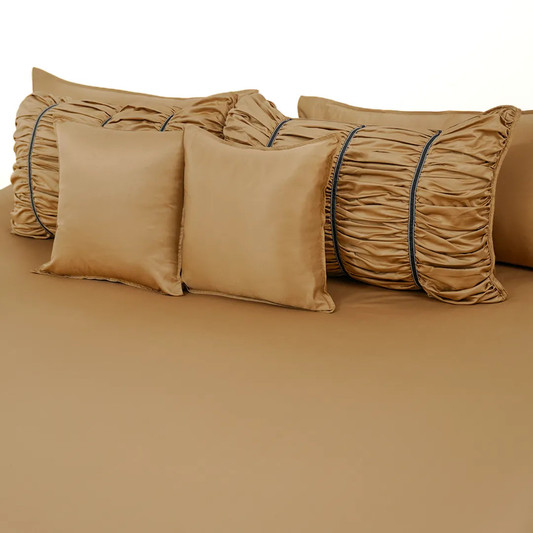 ZARF Italian Staple Weave Bedsheet For Single Size Bed With 2 Designer Pillow Cases, 2 Solid Pillowcases & 2 Cushion Covers - Butterscotch