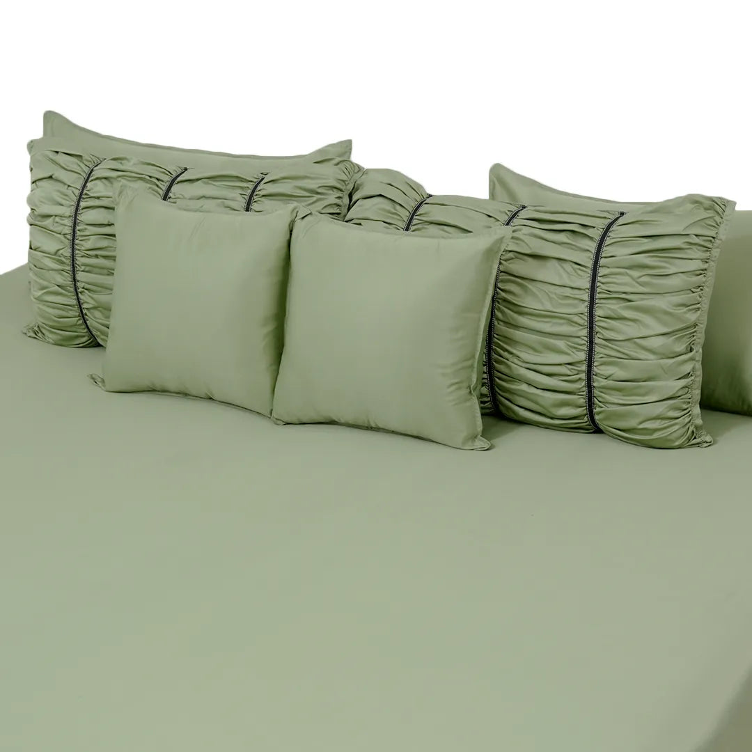 ZARF Italian Staple Weave Bedsheet For Single Size Bed With 2 Designer Pillow Cases, 2 Solid Pillowcases & 2 Cushion Covers - Pine