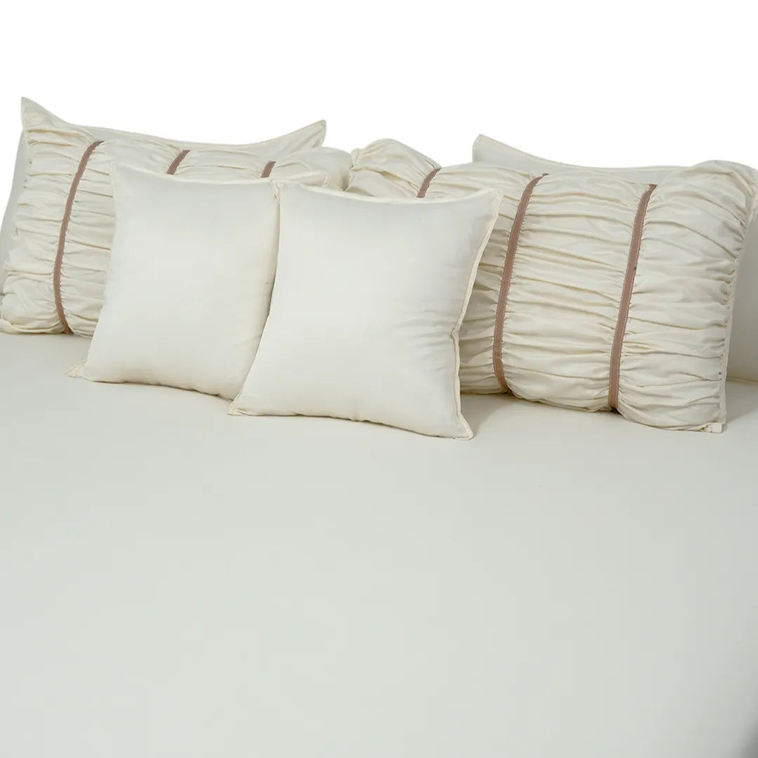 ZARF Italian Staple Weave Bedsheet With 2 Designer Pillow Cases, 2 Solid Pillowcases & 2 Cushion Covers - Porcelain