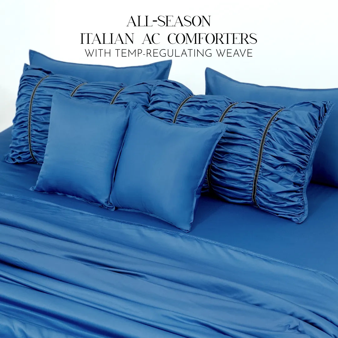 ZARF Italian Staple Weave Comforter With 2 Designer Pillow Cases, 2 Solid Pillowcases & 2 Cushion Covers - Indigo