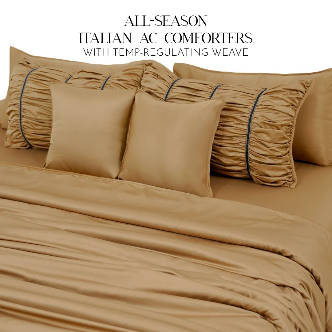 ZARF Italian Staple Weave Comforter With 2 Designer Pillow Cases, 2 Solid Pillowcases & 2 Cushion Covers - Butterscotch