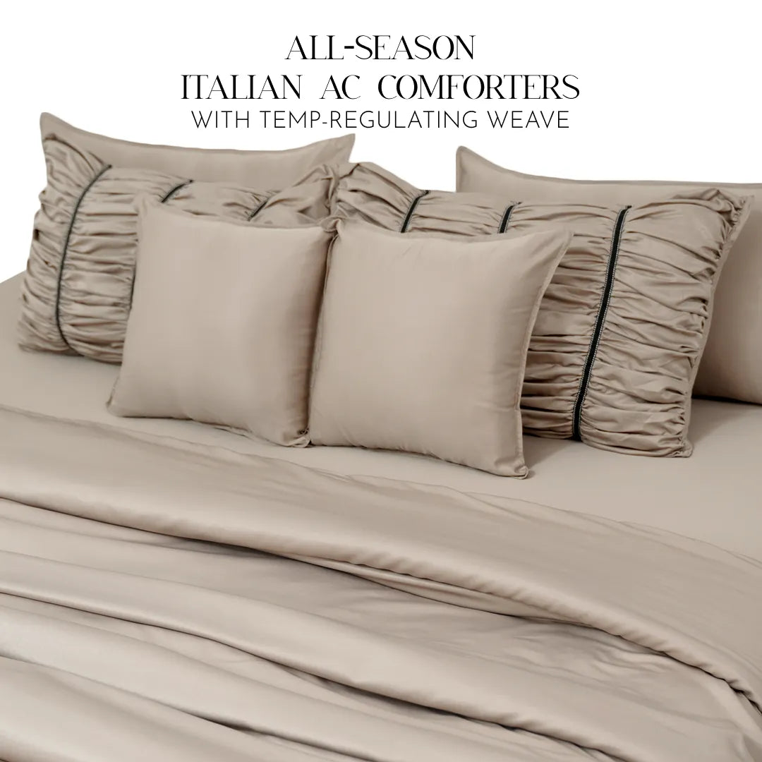 ZARF Italian Staple Weave Comforter With 2 Designer Pillow Cases, 2 Solid Pillowcases & 2 Cushion Covers - Marbelle