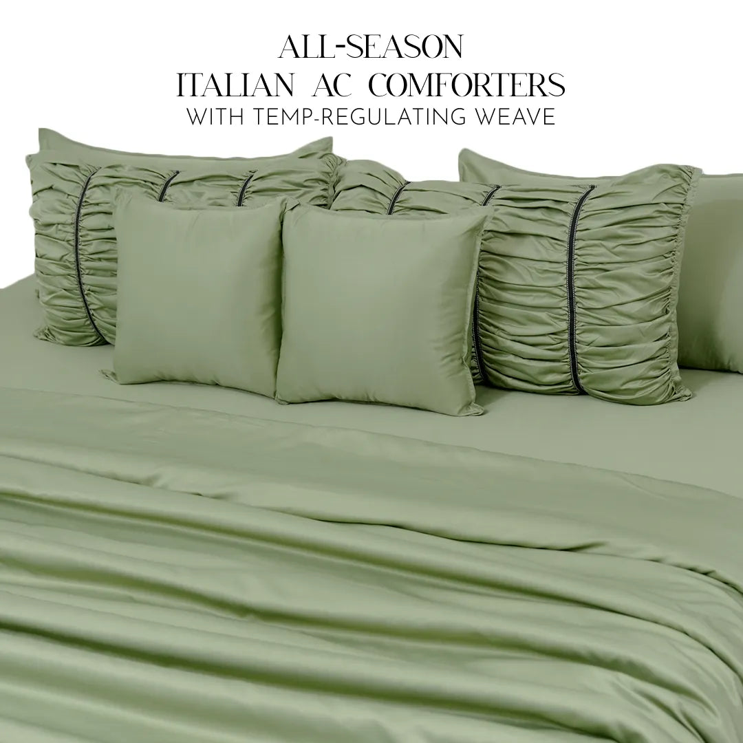 ZARF Italian Staple Weave Comforter With 2 Designer Pillow Cases, 2 Solid Pillowcases & 2 Cushion Covers - Pine