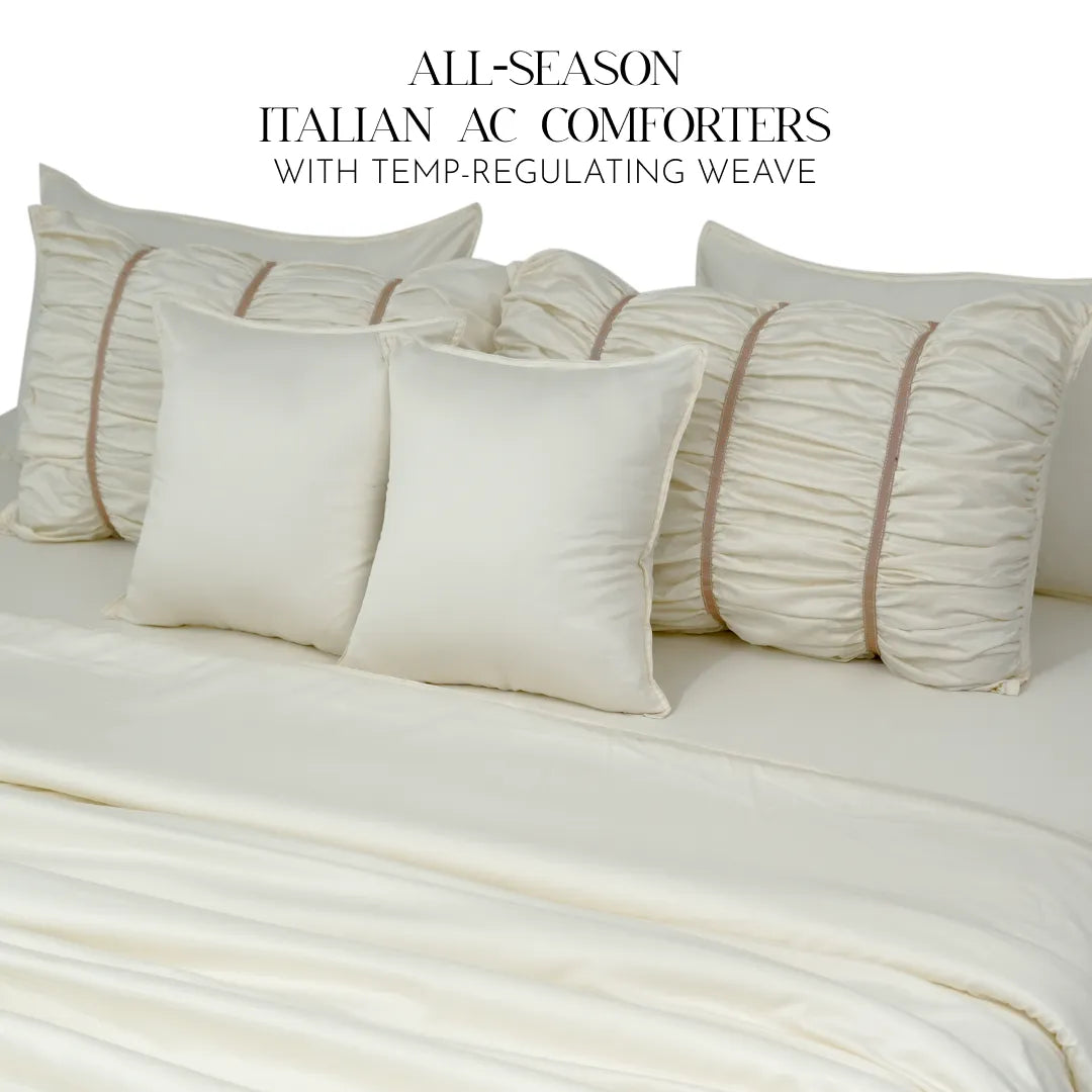 ZARF Italian Staple Weave Comforter With 2 Designer Pillow Cases, 2 Solid Pillowcases & 2 Cushion Covers - Porcelain