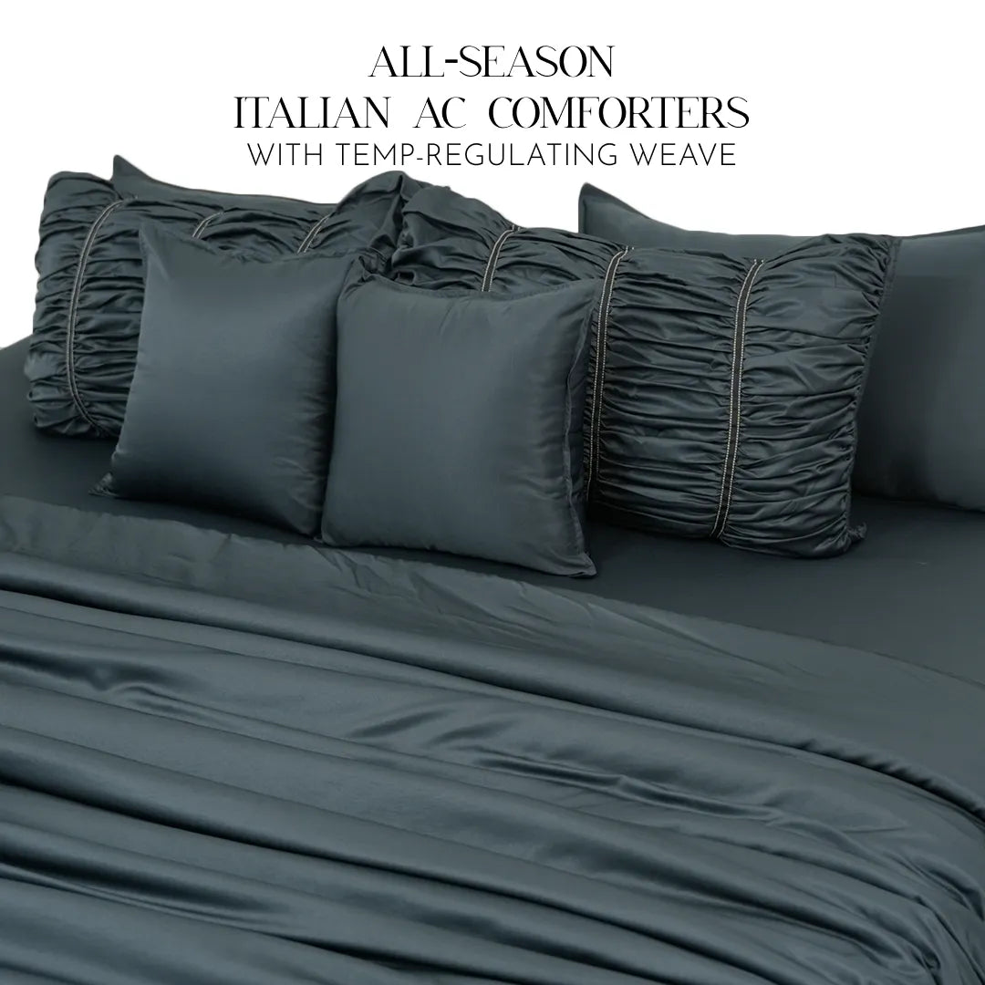 ZARF Italian Staple Weave Comforter With 2 Designer Pillow Cases, 2 Solid Pillowcases & 2 Cushion Covers - Cinder