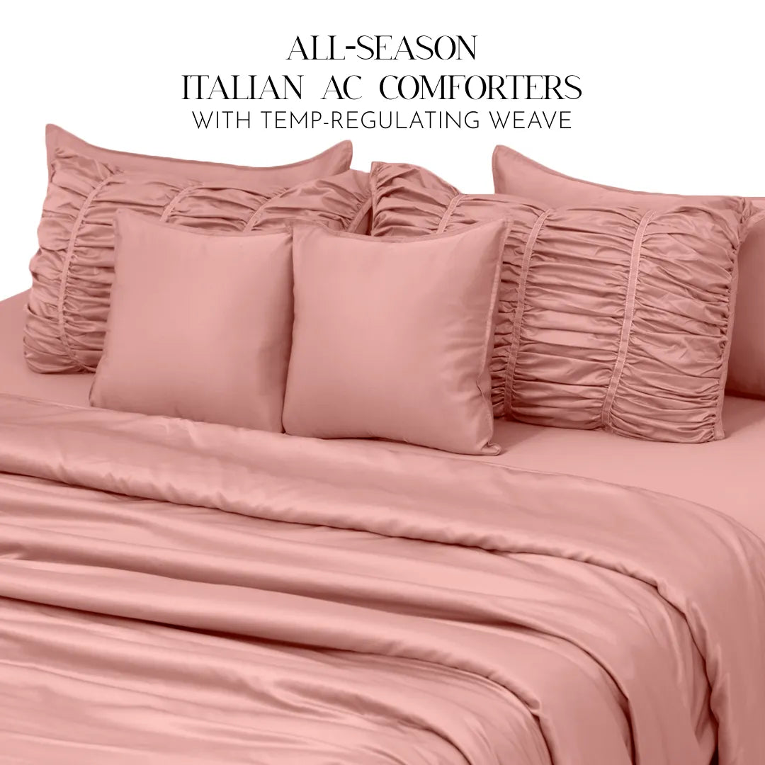 ZARF Italian Staple Weave Comforter With 2 Designer Pillow Cases, 2 Solid Pillowcases & 2 Cushion Covers - Orchid