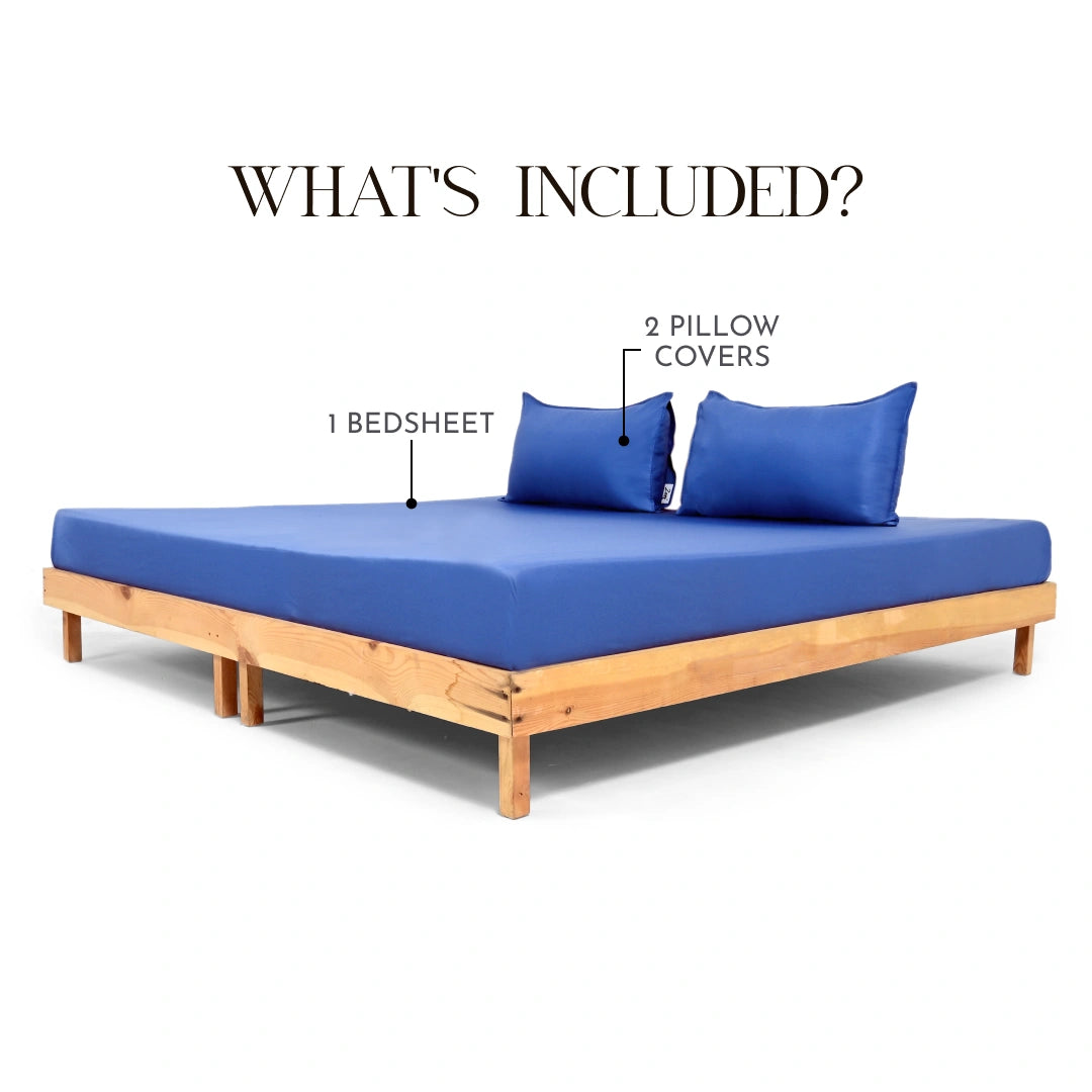 ZARF Italian Staple Weave Bedsheet With 2 Solid Pillowcases - Indigo