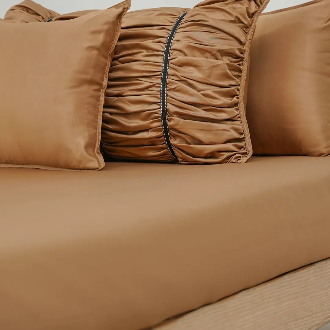 ZARF Italian Staple Weave Bedsheet With 2 Designer Pillow Cases, 2 Solid Pillowcases & 2 Cushion Covers - Butterscotch