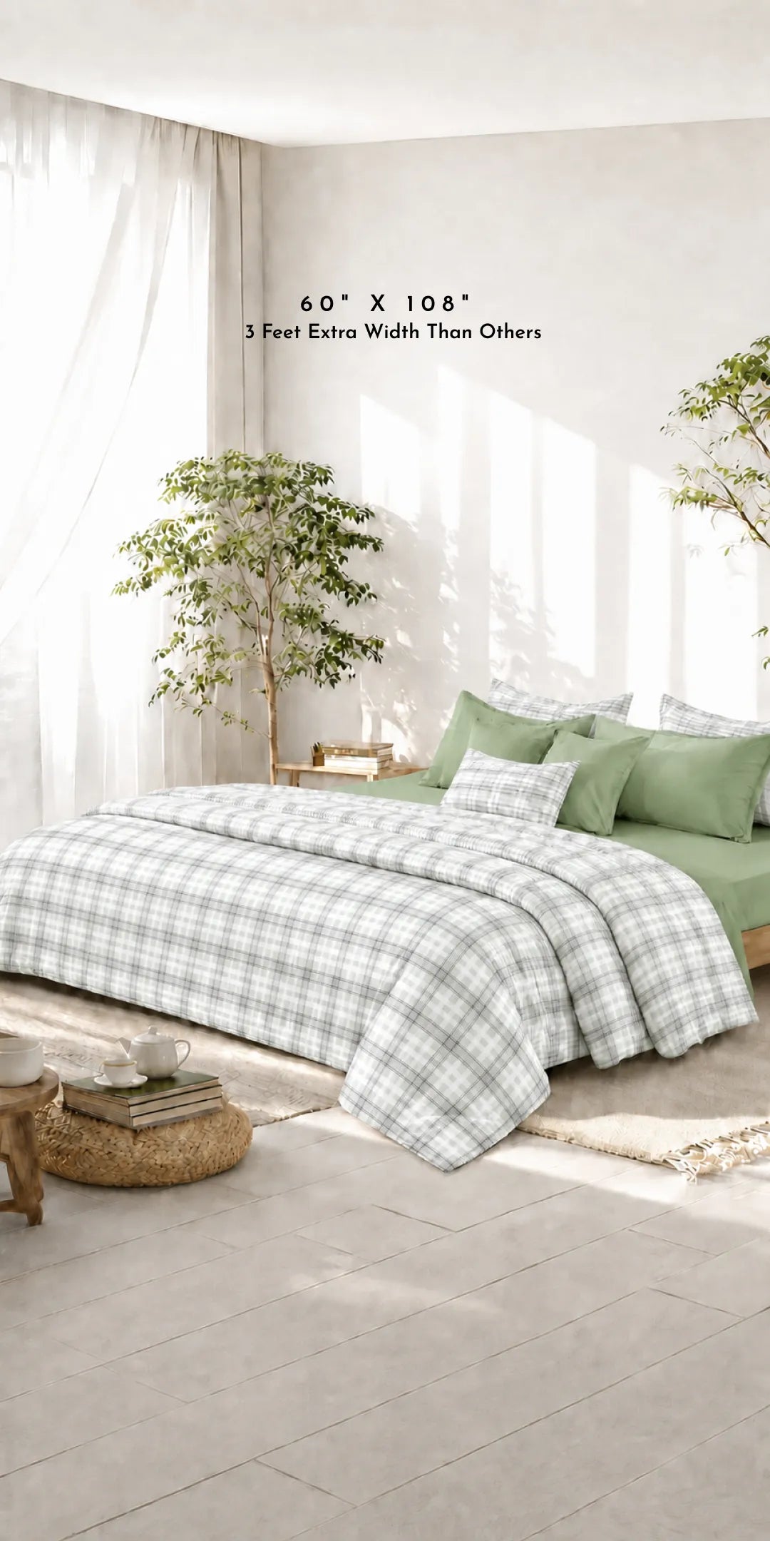 Linen Blend AC Comforter With 2 Pillow Cases and 1 Breakfast Pillow For Single Size Bed- Pistachio