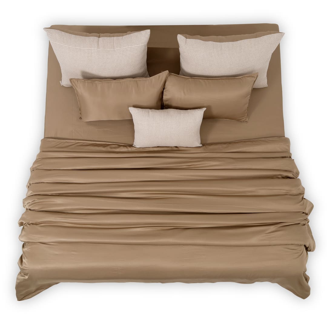 ZARF Italian Staple Weave Comforter With 2 Designer Pillow Cases 1 Breakfast Cushion Cover -Clay