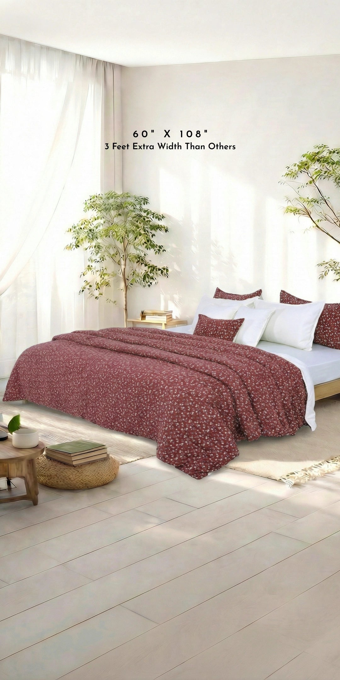Linen Blend AC Comforter With 2 Pillow Cases and 1 Breakfast Pillow For Single Size Bed- Scarlet