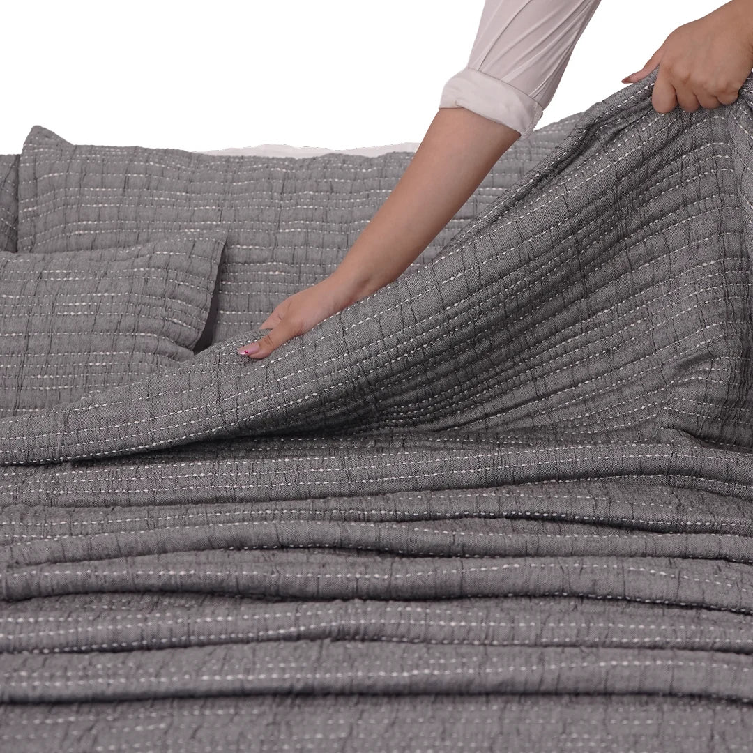 Zarf King Size Pure Cotton Cottage Blanket with 2 Pillowcases and 1 Cushion Cover - Greyling