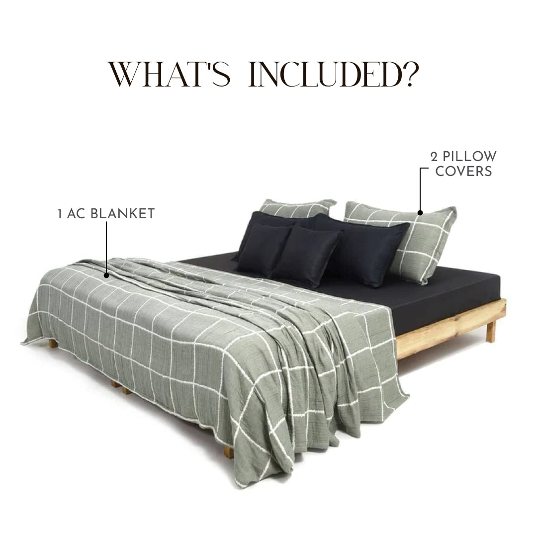 Zarf California King Size Plush Cotton AC Blanket With 2 Pillow Cases - Moonstone