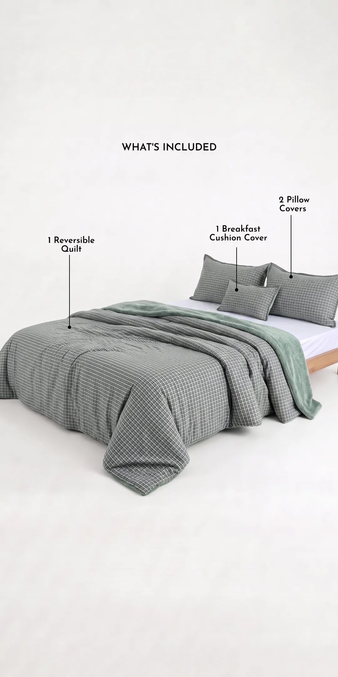 Zarf California King Size Reversible Quilt  With 2 Pillowcases and 1 Breakfast Cushion cover - Dewdrop