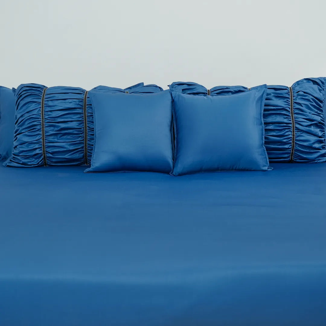 ZARF Italian Staple Weave Bedsheet With 2 Designer Pillow Cases, 2 Solid Pillowcases & 2 Cushion Covers - Indigo