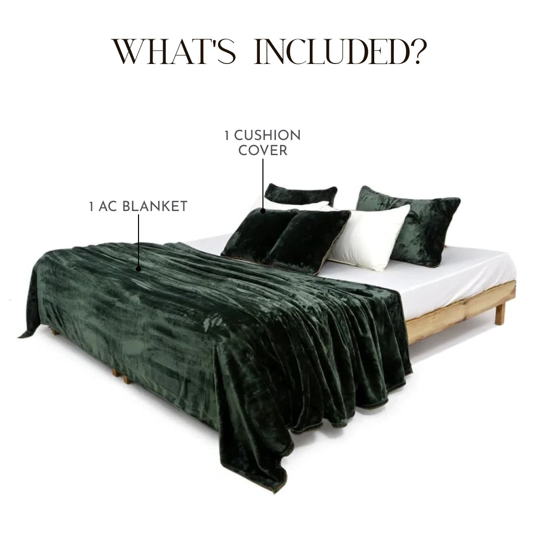 Zarf All-Season Premium Baby Size AC Blanket With One Cushion Cover - Olive