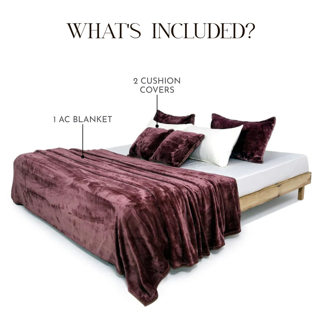 Zarf Ultra Soft All-Season Premium AC Blanket For Single Size Bed With 2 Cushion Covers - Mulberry