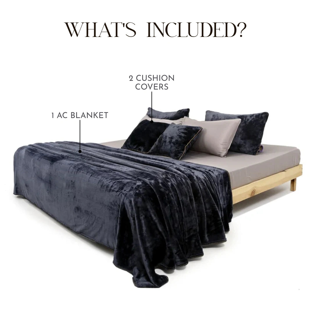 Zarf All-Season Premium AC Blanket With Two Pillow Covers & Two Cushion Covers - Charcoal Grey