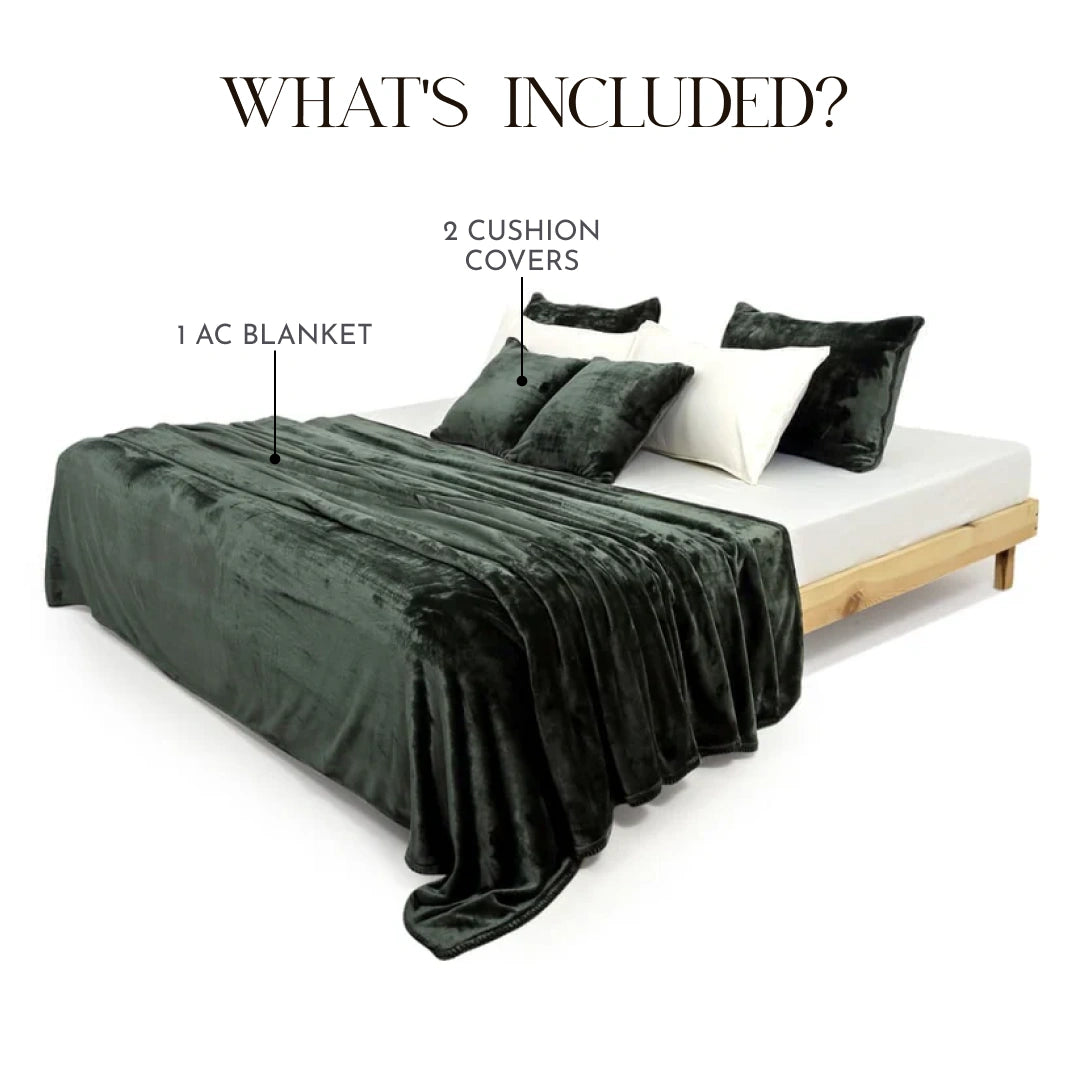 Zarf Ultra Soft All-Season Premium AC Blanket For Single Size Bed With 2 Cushion Covers - Olive