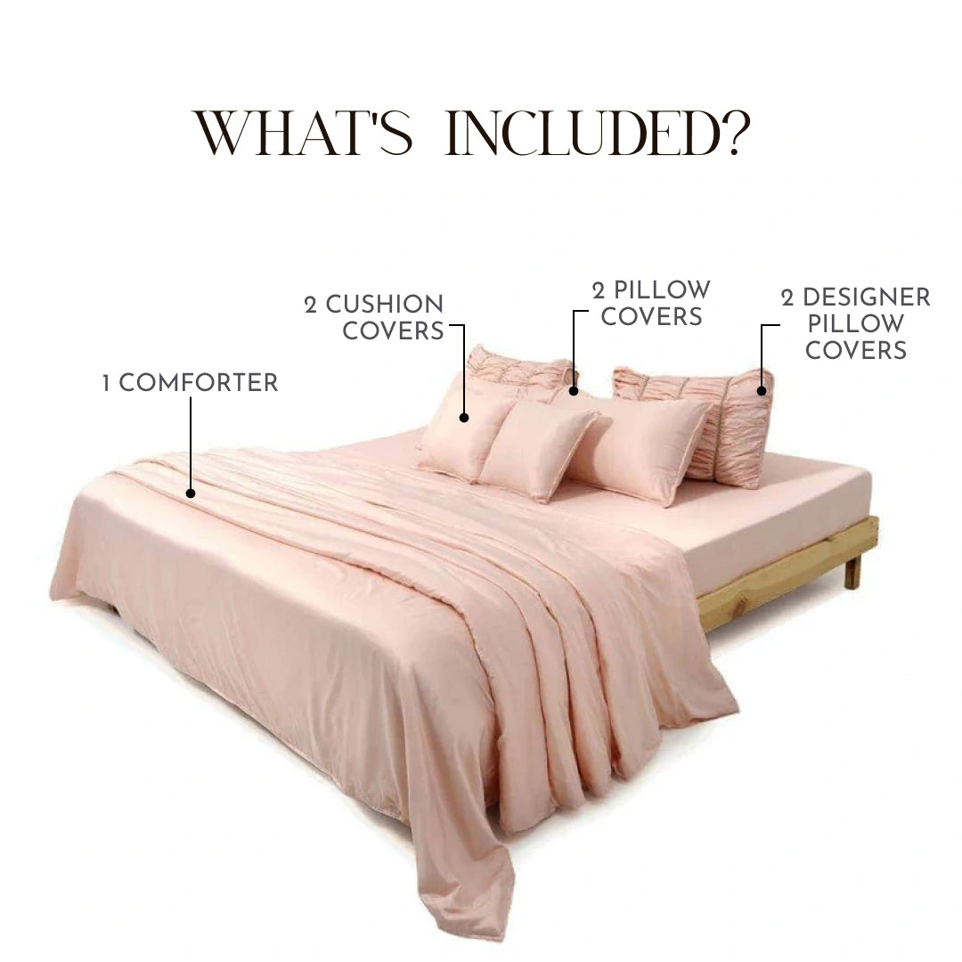 ZARF Italian Staple Weave Comforter With 2 Designer Pillow Cases, 2 Solid Pillowcases & 2 Cushion Covers - Dahlia