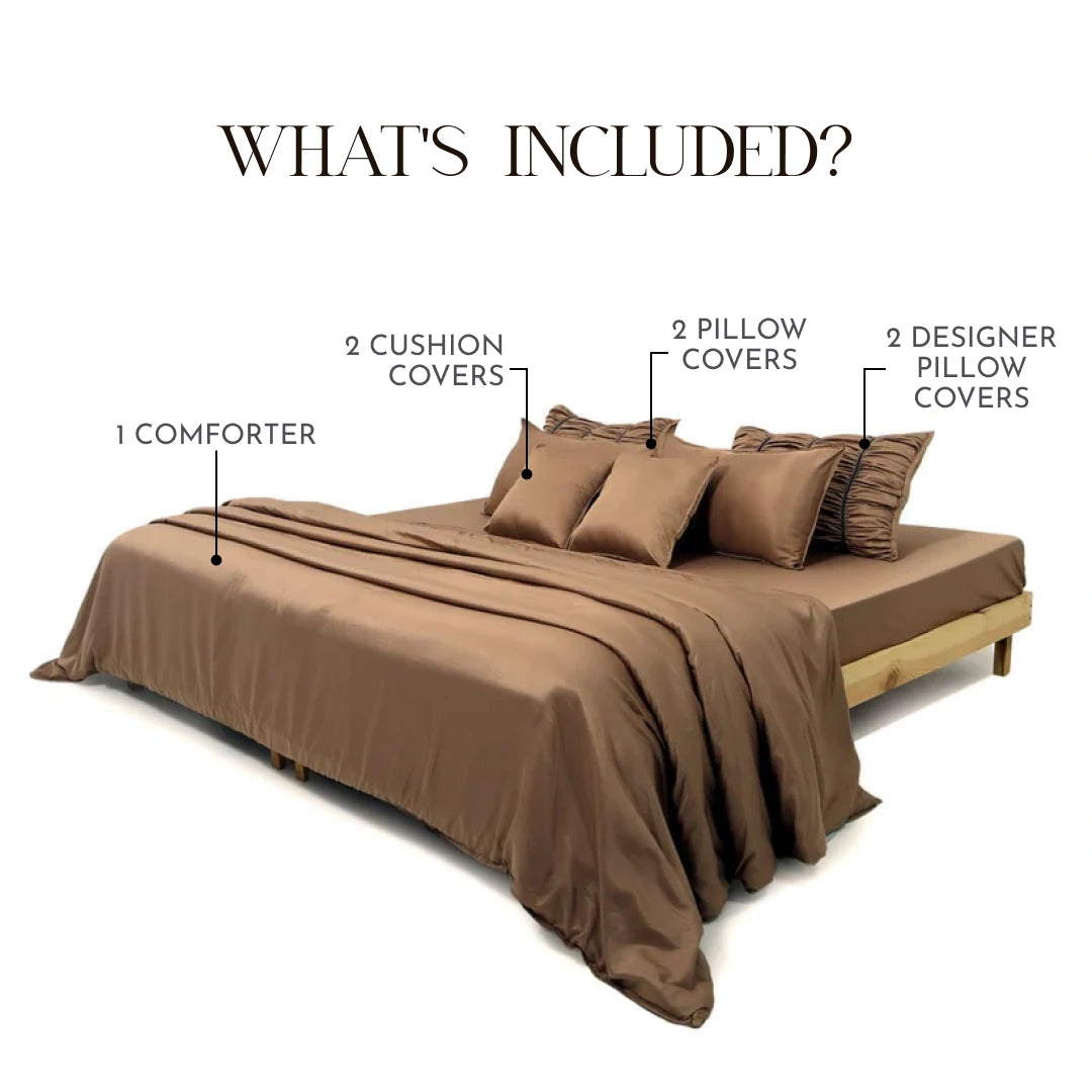 ZARF Italian Staple Weave Comforter For Single Size Bed With 2 Designer Pillow Cases, 2 Solid Pillowcases & 2 Cushion Covers - Caramel