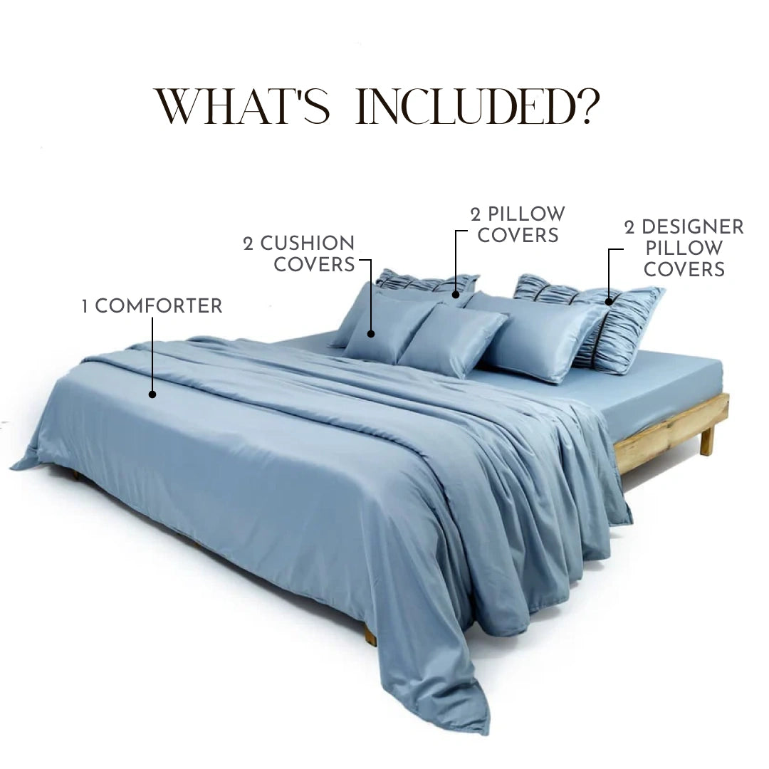 ZARF Italian Staple Weave Comforter With 2 Designer Pillow Cases, 2 Solid Pillowcases & 2 Cushion Covers - Skyline