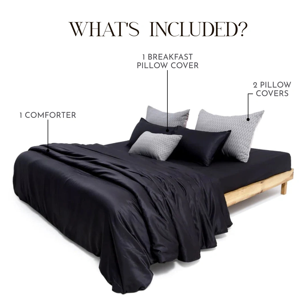 ZARF Italian Staple Weave Comforter For Single Size Bed With 2 Designer Pillow Cases, 1 Breakfast Cushion Cover - Kuro