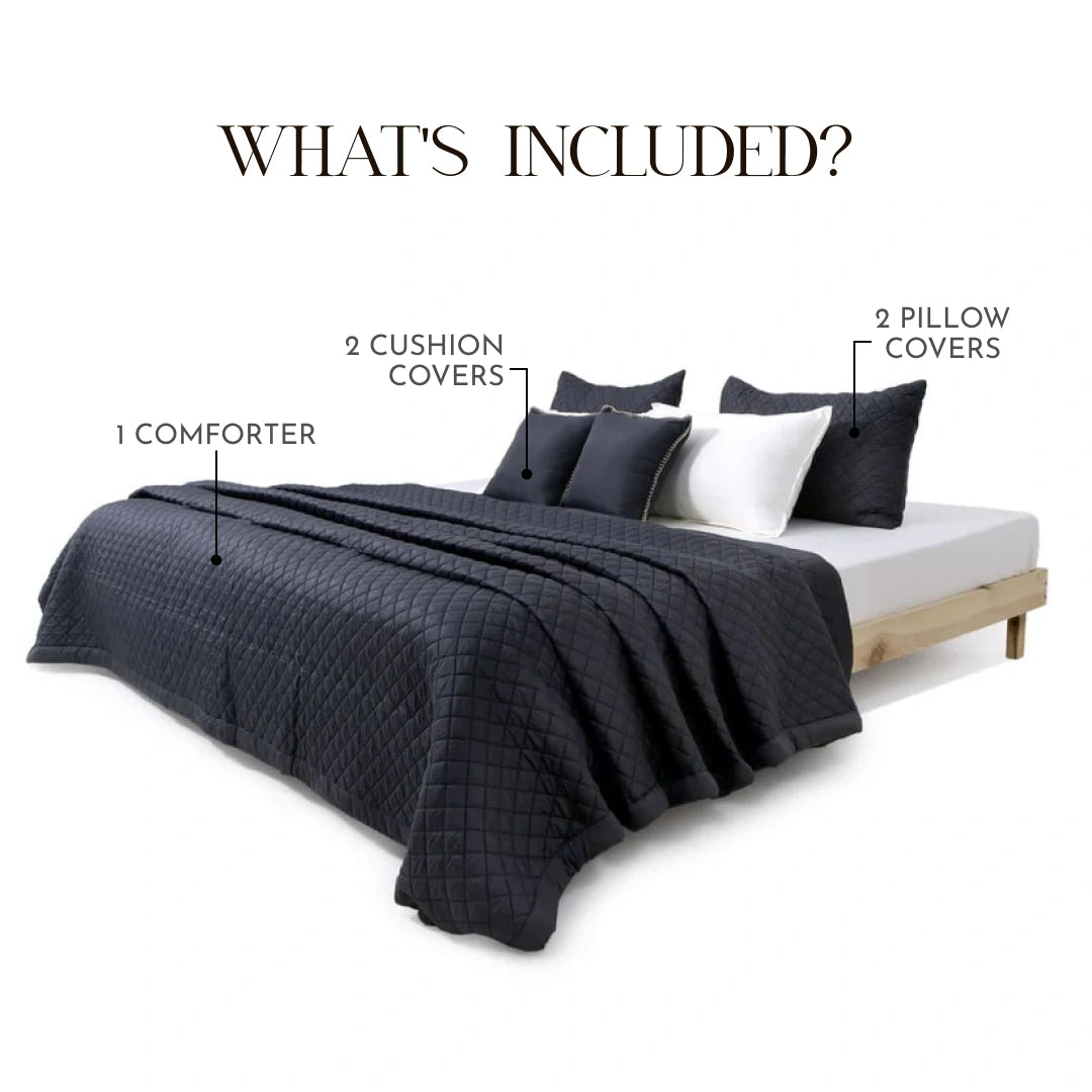 Zarf California King Size AC Comforters With 2 Pillow Cases & 2 Cushion Covers - Noir