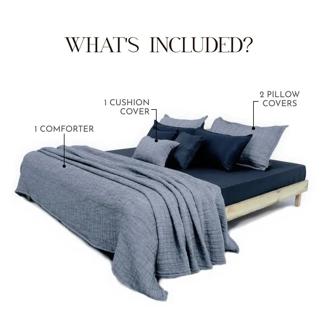 Zarf King Size Pure Cotton Cottage Comforter with 2 Pillowcases and 1 Cushion Cover - Greyling
