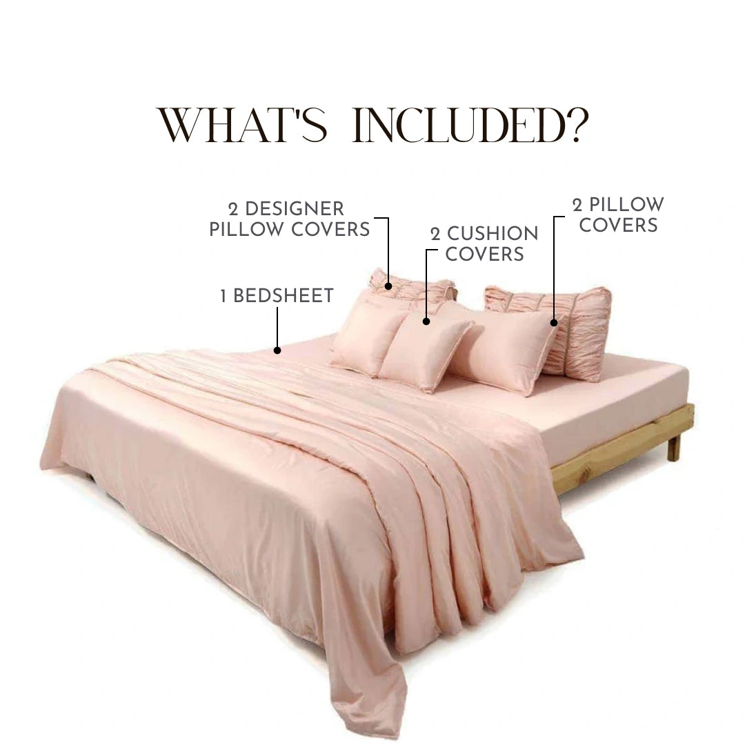 ZARF Italian Staple Weave Bedsheet With 2 Designer Pillow Cases, 2 Solid Pillowcases & 2 Cushion Covers - Dahlia