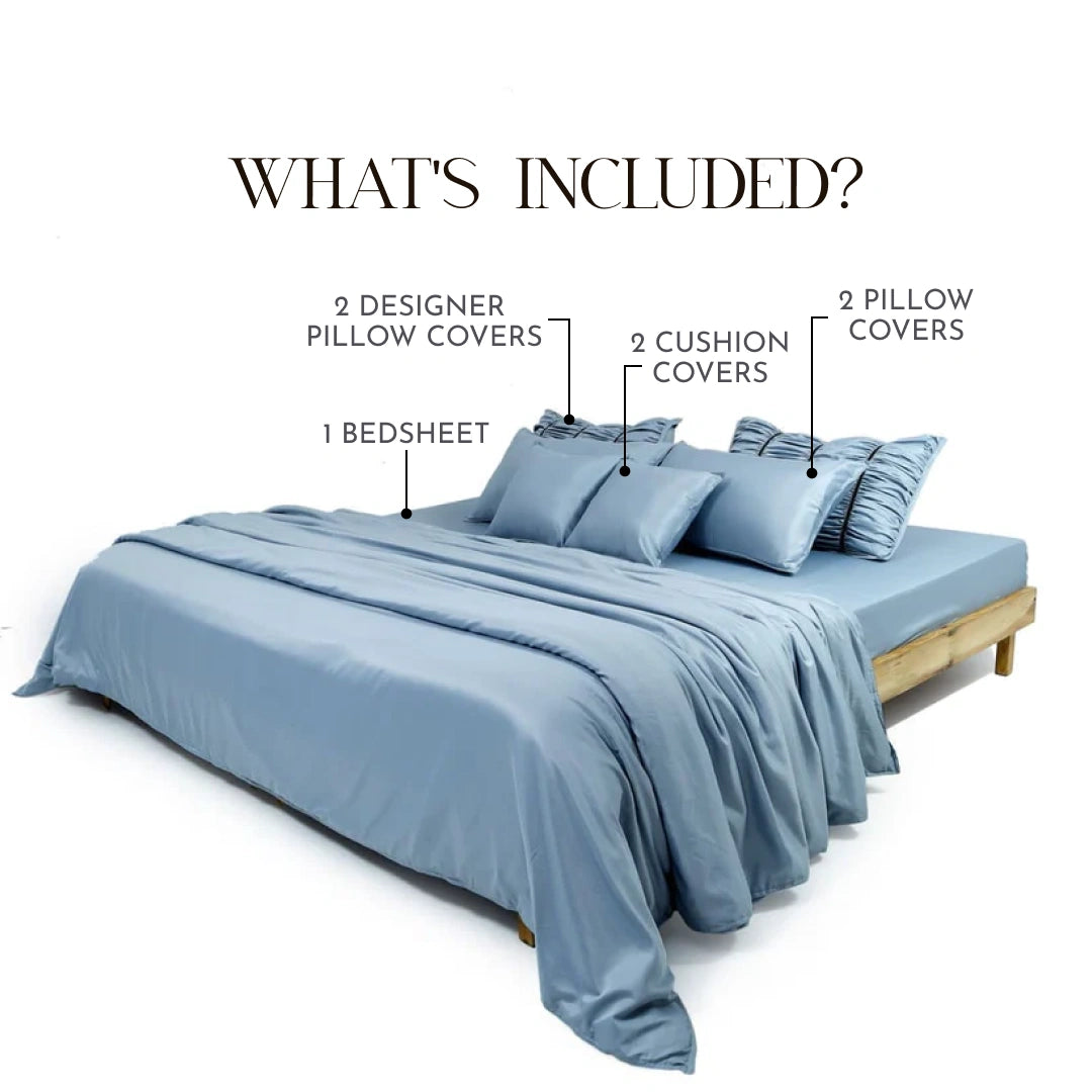 ZARF Italian Staple Weave Bedsheet With 2 Designer Pillow Cases, 2 Solid Pillowcases & 2 Cushion Covers - Skyline