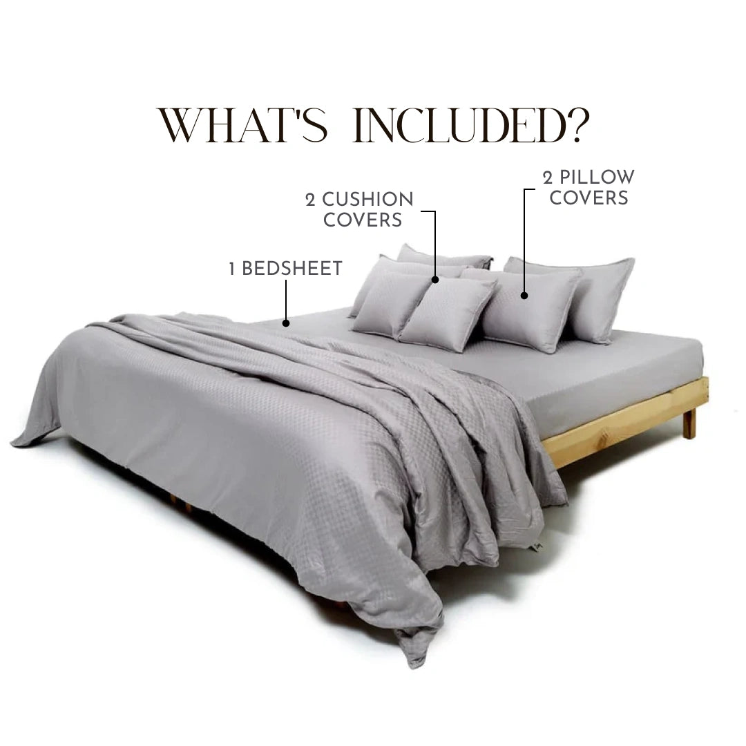 Zeries Egyptian Cotton Jacquard Bedsheets With 2 Pillow Cases & 2 Cushion Covers - Cenere