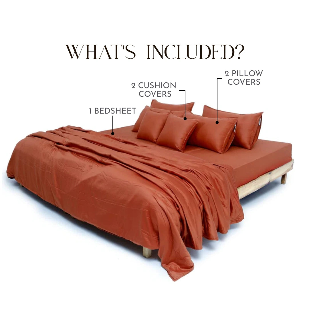 Zeries Egyptian Cotton Bedsheets With 2 Pillow Cases & 2 Cushion Covers - Terra