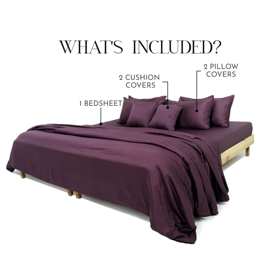 Zeries Egyptian Cotton Bedsheets With 2 Pillow Cases & 2 Cushion Covers - Plum