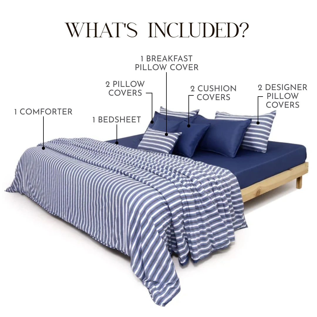 Zarf Linen Blend Bedding Set Of 9 - Seafarer