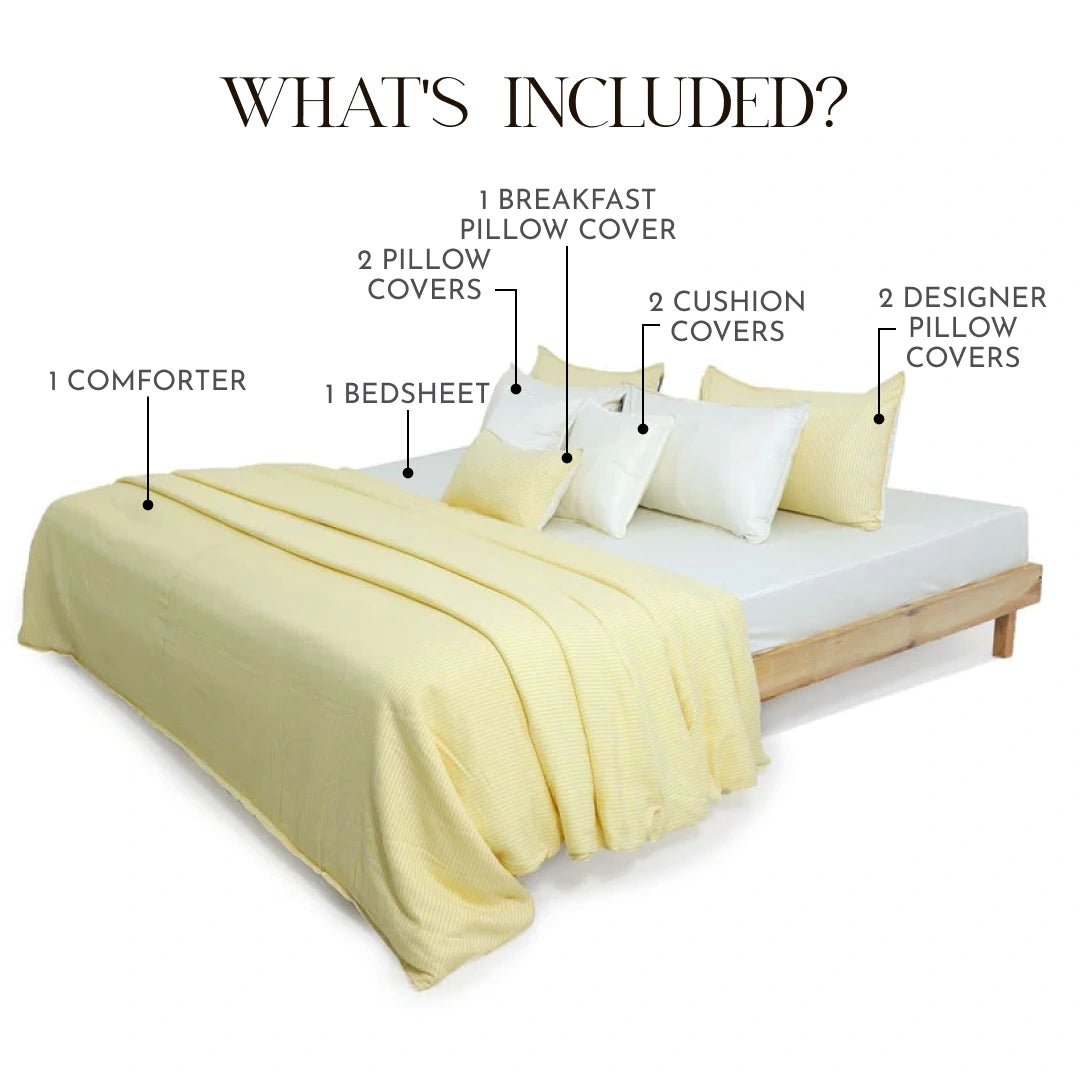 Zarf Linen Blend Bedding Set Of 9 For Single Size Bed - Limone