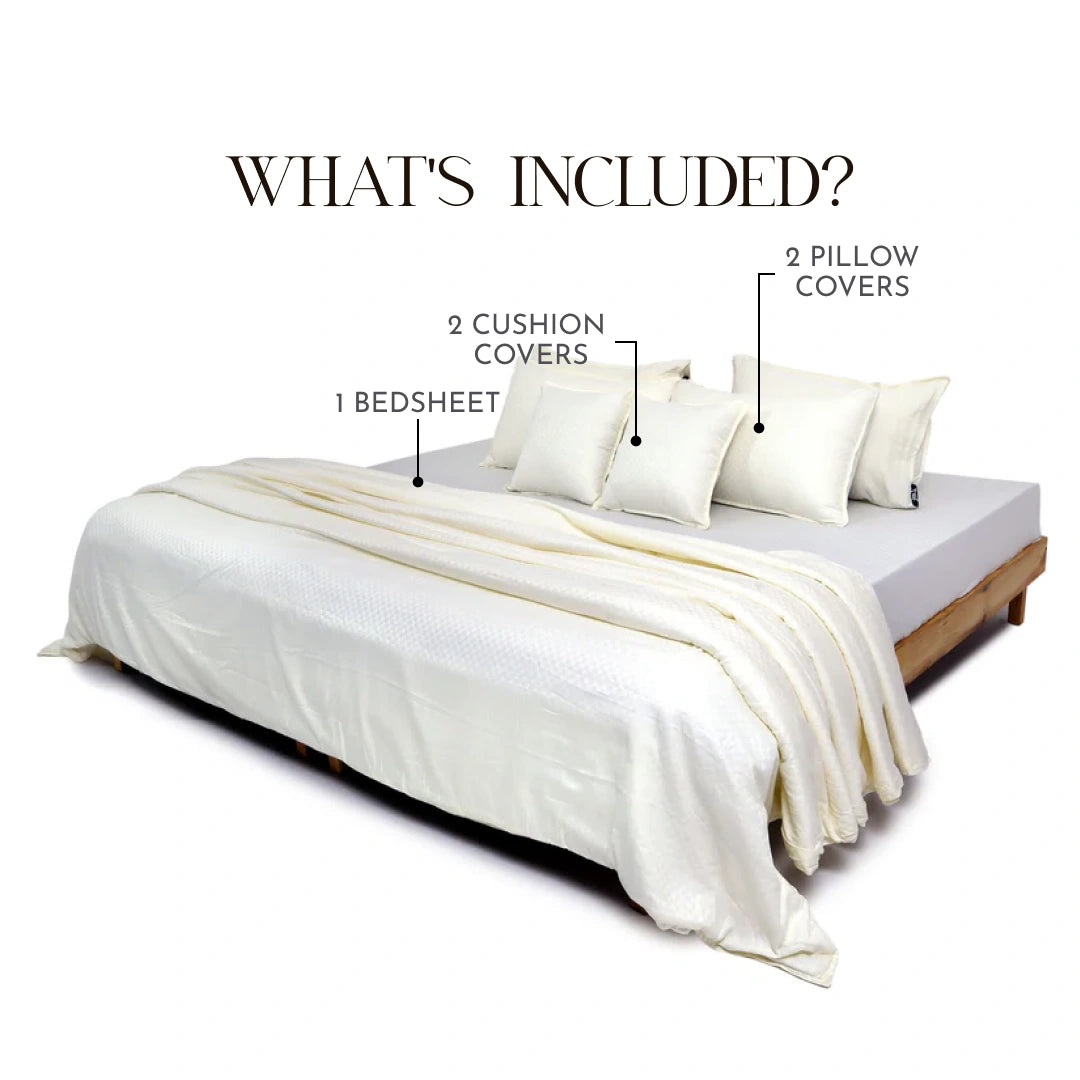 Zeries Egyptian Cotton Jacquard Bedsheets With 2 Pillow Cases & 2 Cushion Covers - Ivory