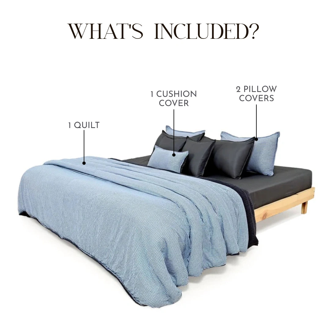 Zarf California King Size Reversible Quilt  With 2 pillowcases and 1 Breakfast Cushion cover - Gingham