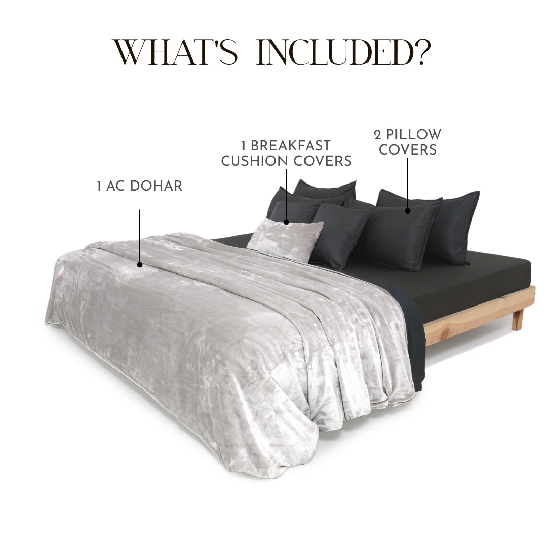 Zarf Premium AC Dohar for Single Bed Size With Two Pillow Covers & One Breakfast Cushion Cover - Greystone