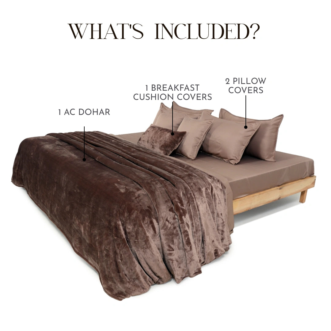Zarf Premium AC Dohar for Single Bed Size With Two Pillow Covers & One Breakfast Cushion Cover - Brownstone
