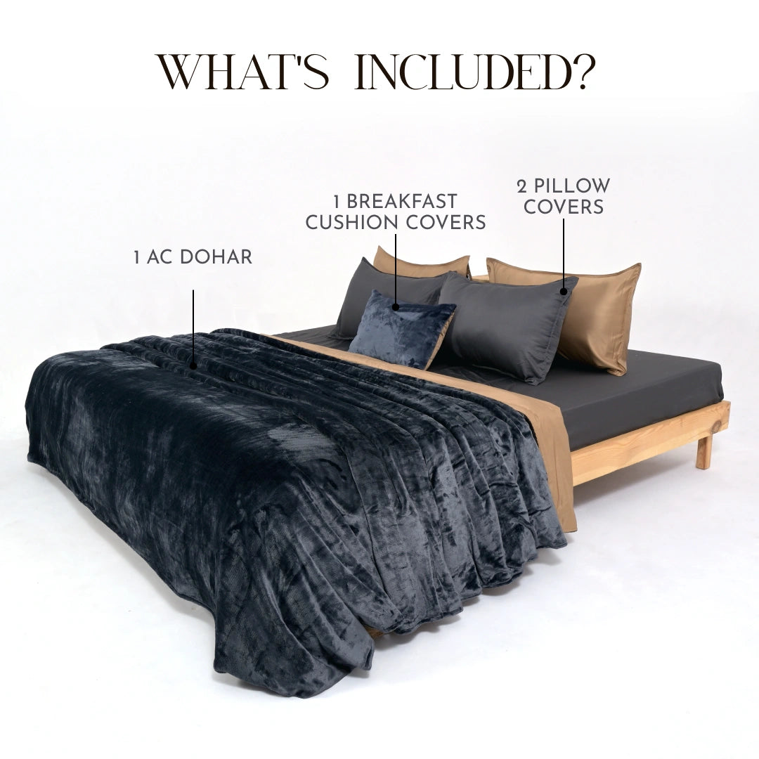 Zarf Premium AC Dohar for Single Bed Size With Two Pillow Covers & One Breakfast Cushion Cover - Blackstone