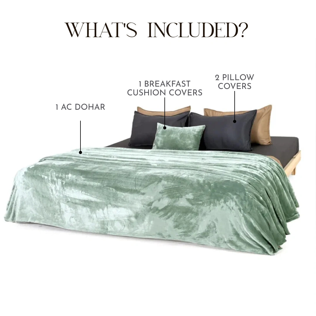 Zarf Premium AC Dohar for Single Bed Size With Two Pillow Covers & One Breakfast Cushion Cover - Greenstone
