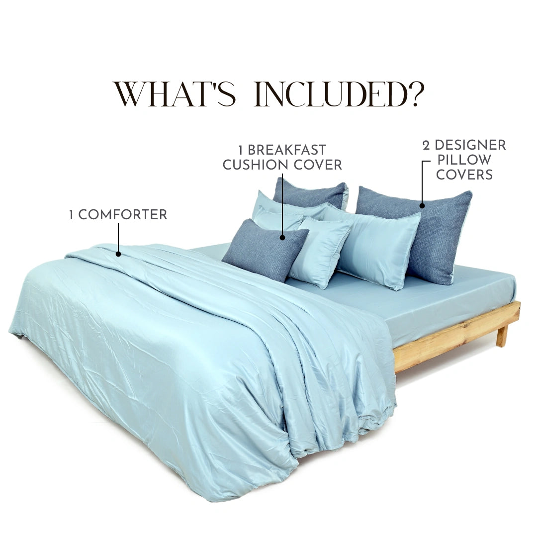 ZARF Italian Staple Weave Comforter With 2 Designer Pillow Cases 1 Breakfast Cushion Cover - Cielo