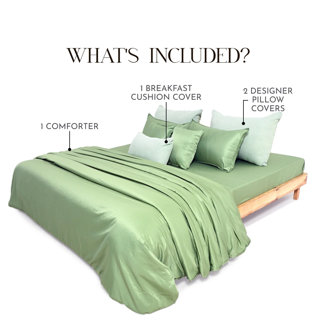 ZARF Italian Staple Weave Comforter With 2 Designer Pillow Cases 1 Breakfast Cushion Cover - Basil