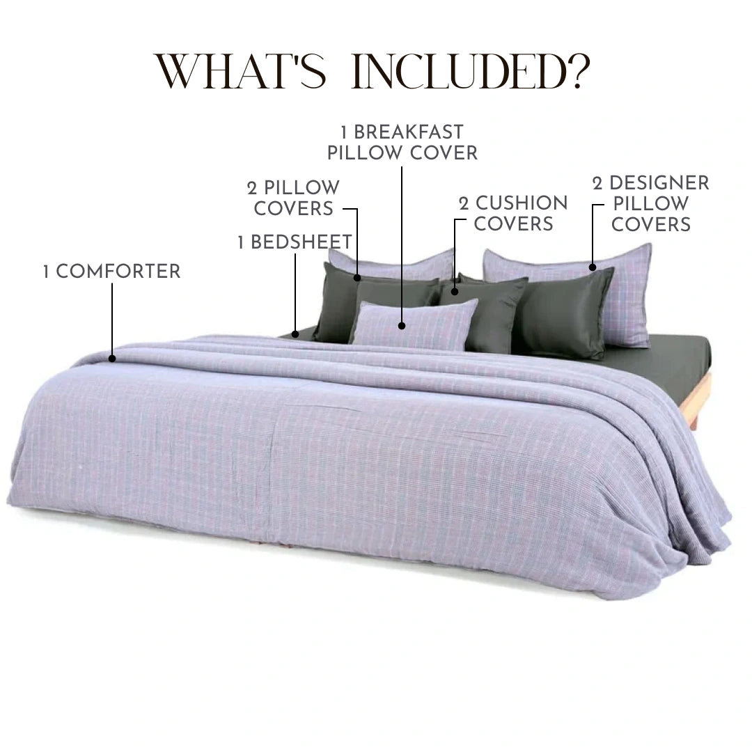 Zarf Linen Blend Bedding Set Of 9 For Single Size Bed - Iskora