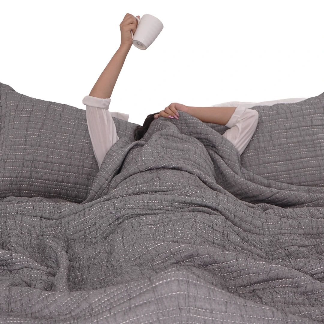Zarf King Size Pure Cotton Cottage Blanket with 2 Pillowcases and 1 Cushion Cover - Greyling
