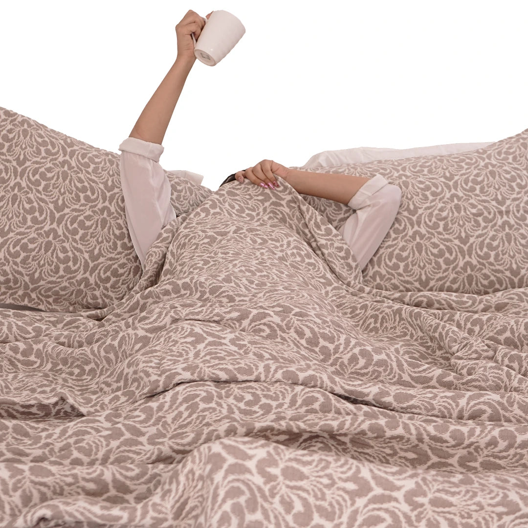Zarf King Size Pure Cotton Cottage Blanket with 2 Pillowcases - Oatshade